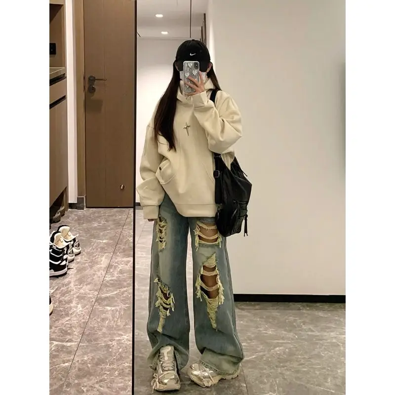 

New American High Street Women's Jeans Summer New Washed Vintage Loose Wide Leg Pants Trendy Hole Punching Casual Commute