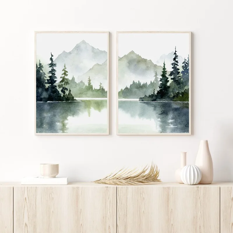 Misty Mountain Lake Watercolor Posters Prints Teal Foggy Forest Tree Canvas Painting Wall Art Picture for Living Room Home De