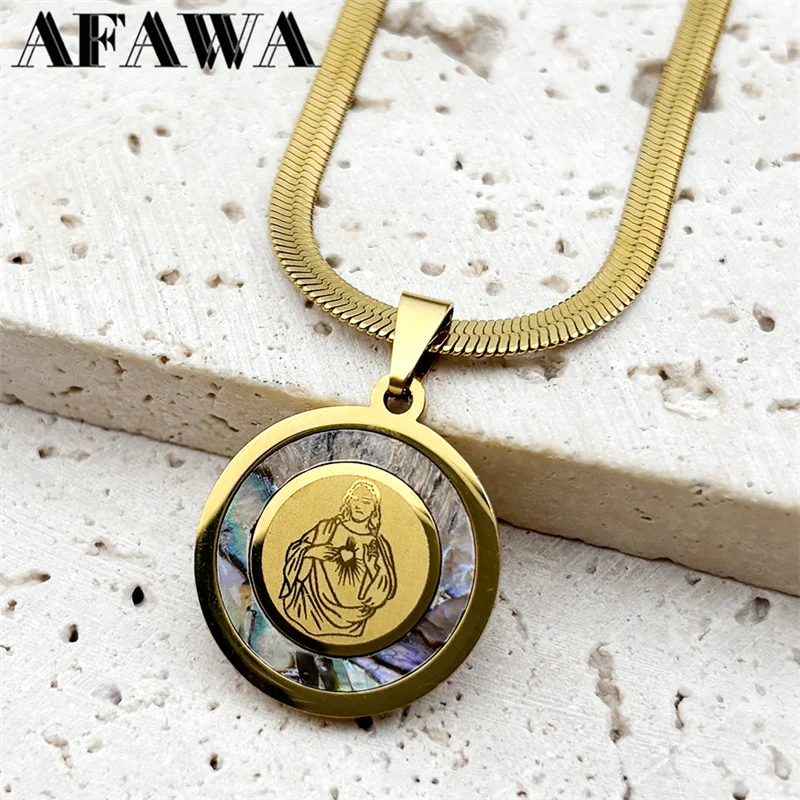 Abalone Sacred Heart of Jesus Medal Necklace for Women Men Stainless Steel Gold Color Catholic Religious Chain Jewelry