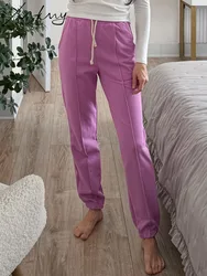 MiuKoMiYa Spring Sweatpants Women Purple Sport Pants Cotton Tie Up High Waist Trousers Jogging Gray Pants For Women Straight Leg