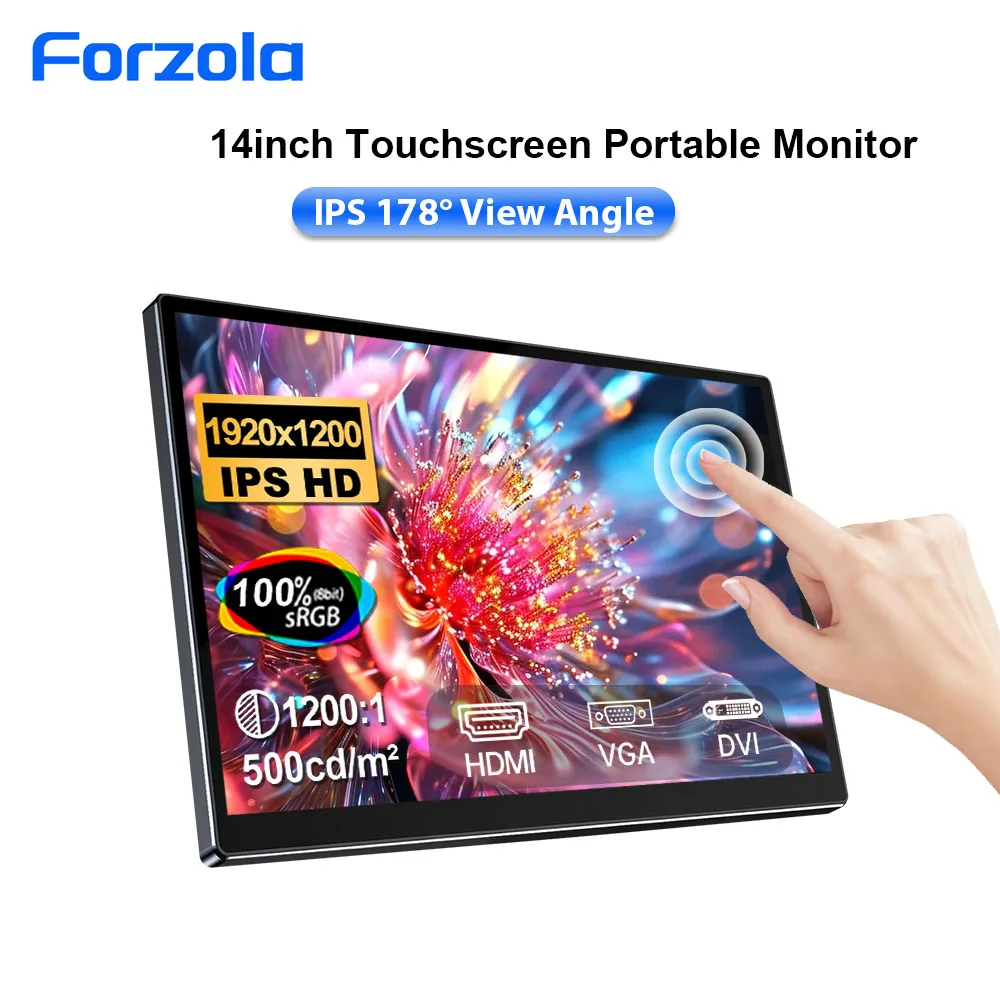 Monitor Portátil FORZOLA de 14 polegadas 1200P FHD+ com Tela Sensível ao Toque, Display de Viagem HDMI/VGA DVI para PC, PS, Mac, Xbox, Laptop, Tela Secundária