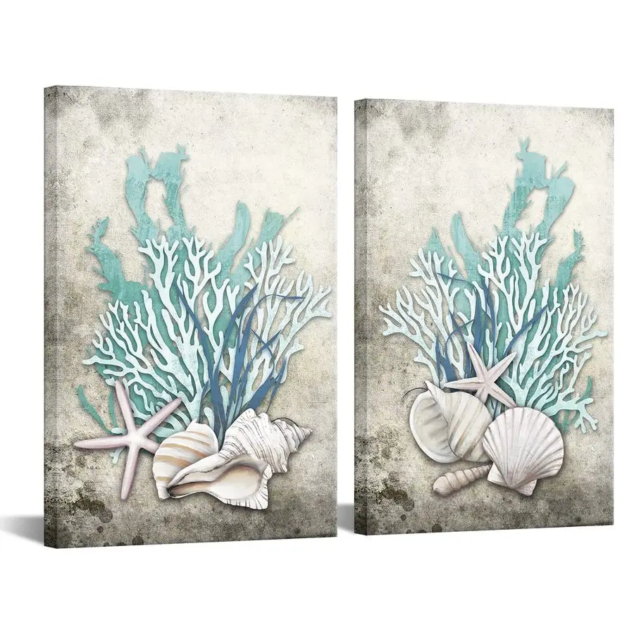 

2 Pieces Set Ocean Theme Canvas Wall Art Coastal Shell Starfish Coral Conch Picture for Bathroom Kitchen Office Living Room Deco
