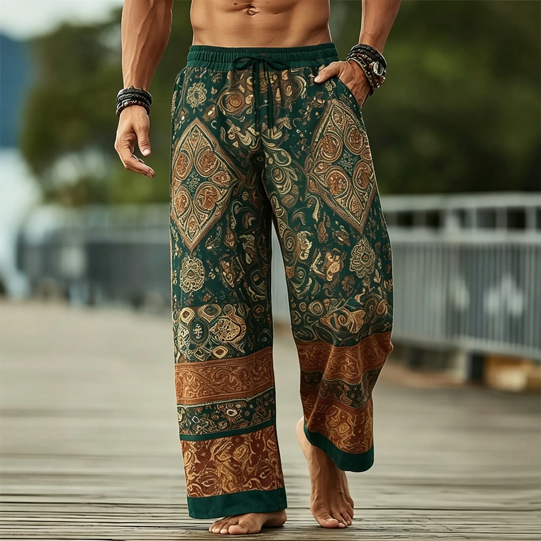 Men's Boho Paisley Ethnic Print Drawstring Wide Leg Pants, Casual Loose Trousers for Spring Summer Beach & Daily Wear