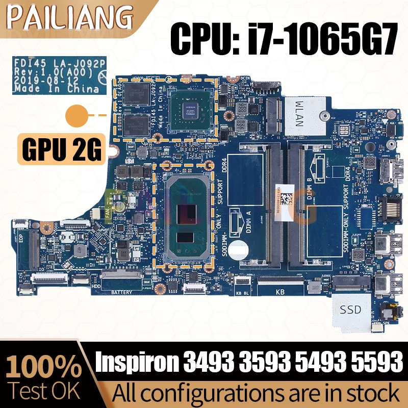 

For DELL Inspiron3493 3593 5493 5593 Notebook Mainboard LA-J092P SRG0N i7-1065G7 N17S-G0-A1 0YCVH6 Laptop Motherboard Full test