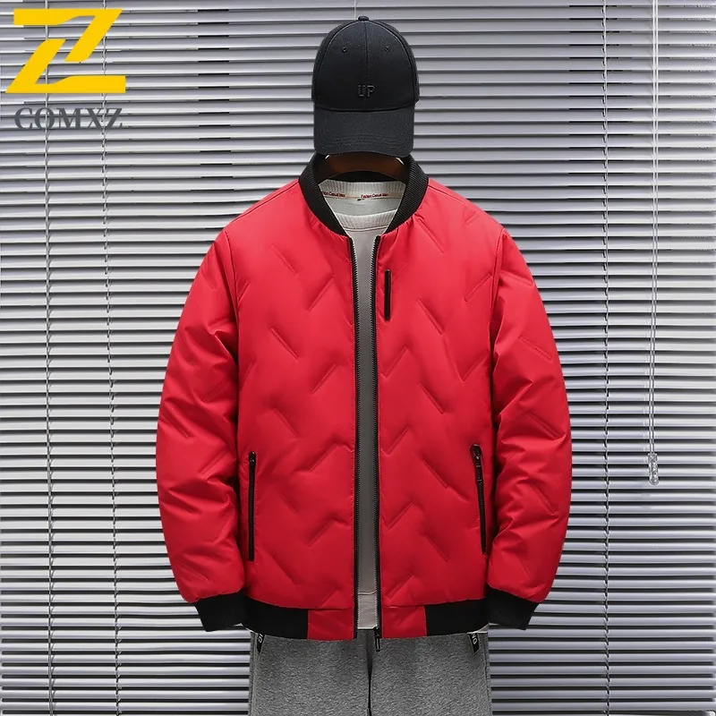 COMXZ Branded Puffer Jacket Baseball Collar Outdoor Working Windproof Coat White Duck Down Travel Light Thin Winter Garment