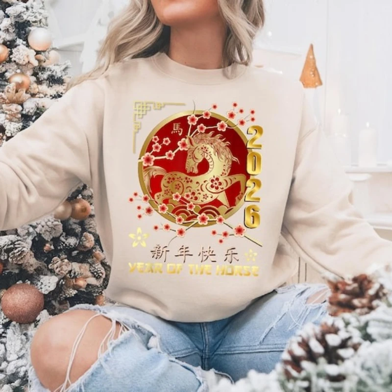

2026 Year of The Horse Sweatshirt Chinese 2026 Happy New Year Hoodie Lunar Spring Festival Winter Long Sleeve Hermal Hoodie Tops