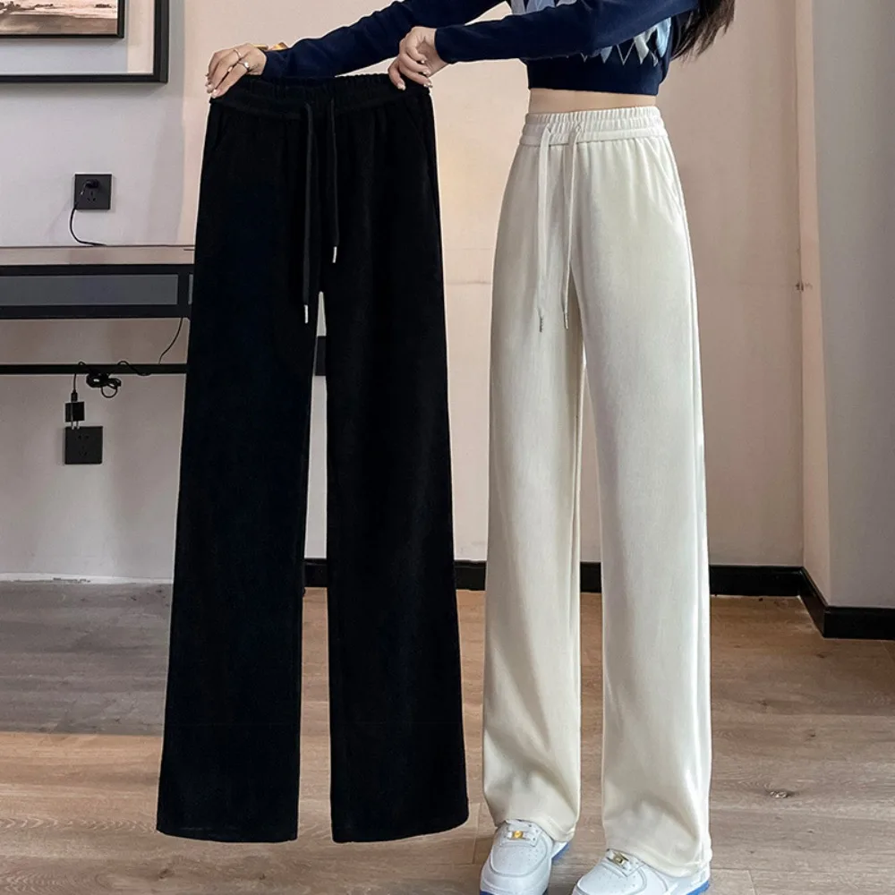 Pantalon européen en velours pour femmes, Slim, jambes larges, taille haute, drapé, jambe droite, Style sportif décontracté, nouvelle collection 2025