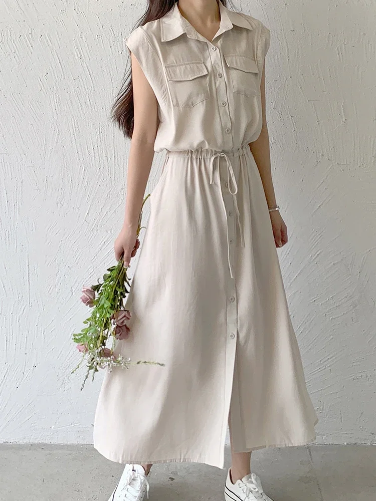 

Dress for Women 2024 Solid Color Sleeveless Pocket Korean Fashion Long Dress Summer New Elegance Women Clothing Party Dress Robe