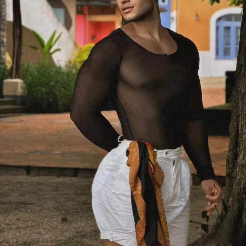 ADANNU Lightweight Single-layer Breathable Mesh Sheer Men's Sexy T-Shirt (67% Nylon 33% Spandex)