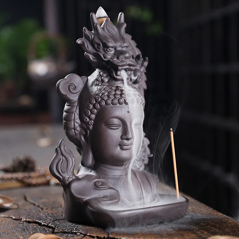 1pc Elegant Purple Clay Dragon & Buddha Backflow Incense Burner - Aromatherapy Ornament with Waterfall Design, Zen Home Decor