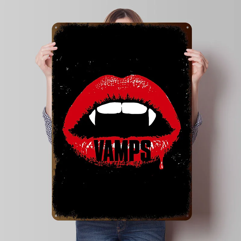 Vampire Lips With Fangs and Text Tinplate Poster Customized Wall Art Vintage Metal Signs Retro Plates for Home Decoration Gaming