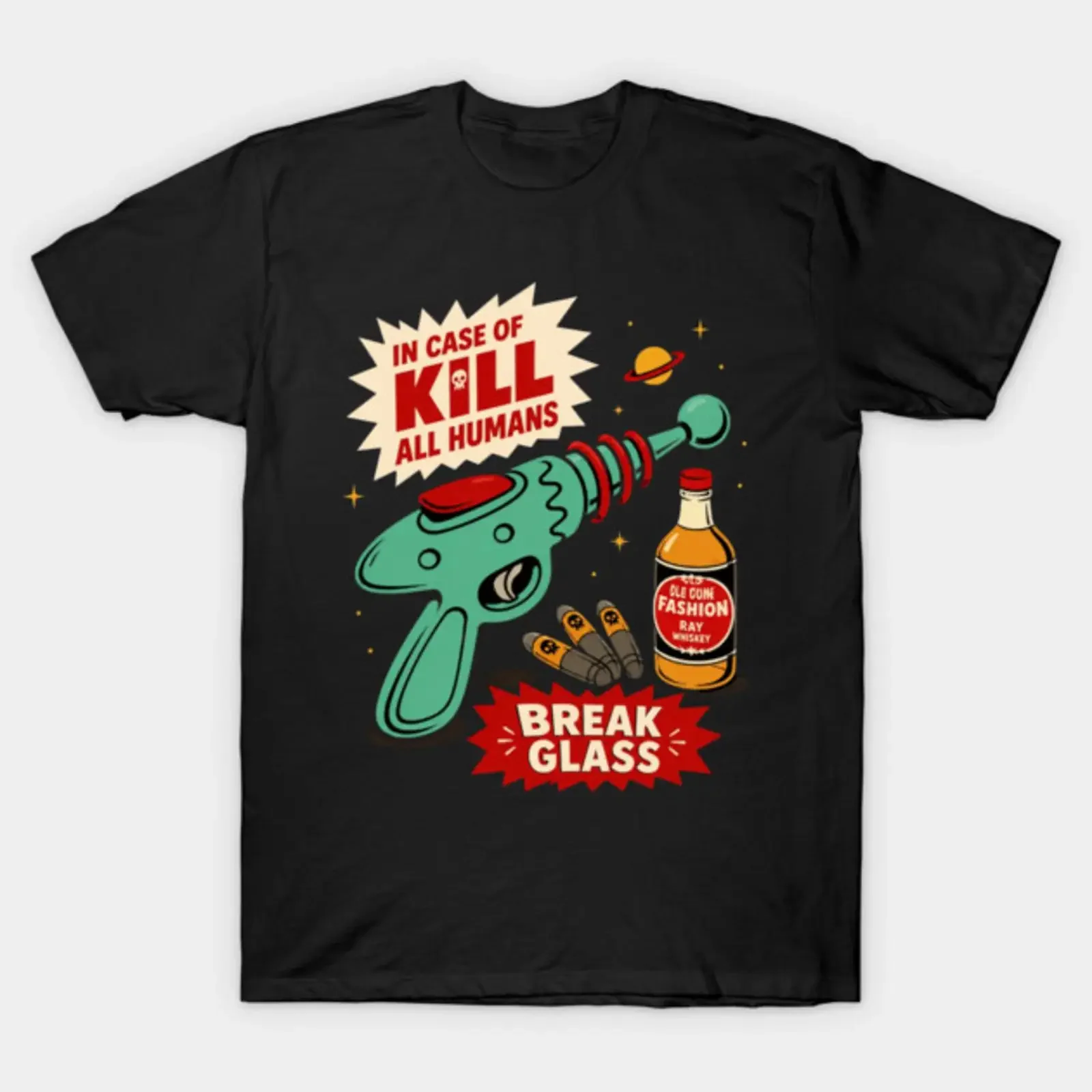 In Case Of Retro Kill All Humans T-Shirt, Vintage-Stil, gewaschen, Unisex-Grafik, weiches, leicht stilvolles Oberteil für den Alltag, dehnbar