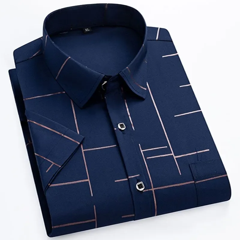 

Men's Navy Blue Short Sleeve Button Down Shirt with Rose Gold Geometric Line Print Casual Dress Shirt