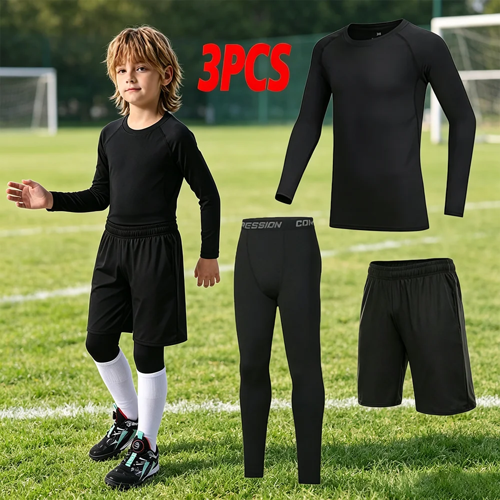 Set Youth Boys Compression Shirt Long Sleeve Sports+Leggings+Short  Soccer Sports Training Clothes Running Basketball Base Layer