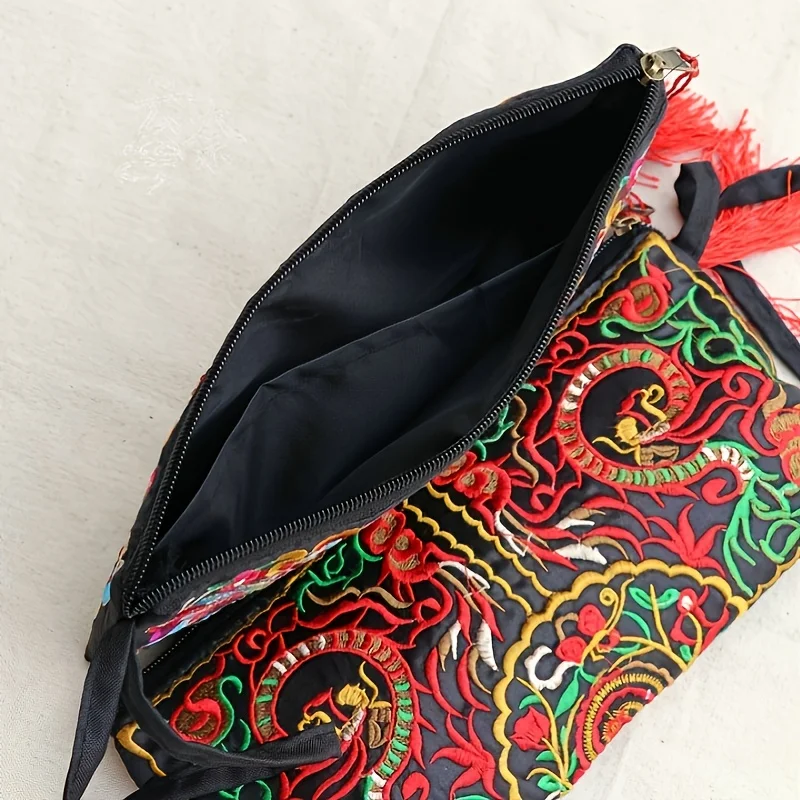 Vintage Ethnic Style Embroidered Long Wallet Wristlet Clutch Bag with Flower Fabric and Phone Pocket