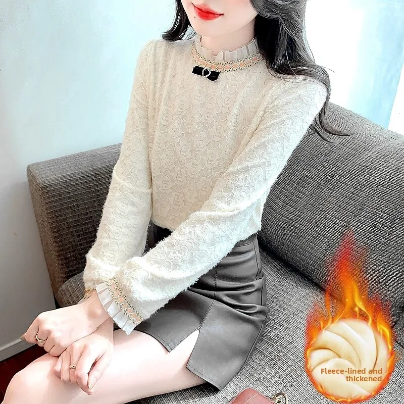 

Женская кружевная базовая блузка с пушистым воротником-стойкой, модная внутренняя одежда, осенне-зимняя, с бархатными рукавами-фонариками и длинными рукавами