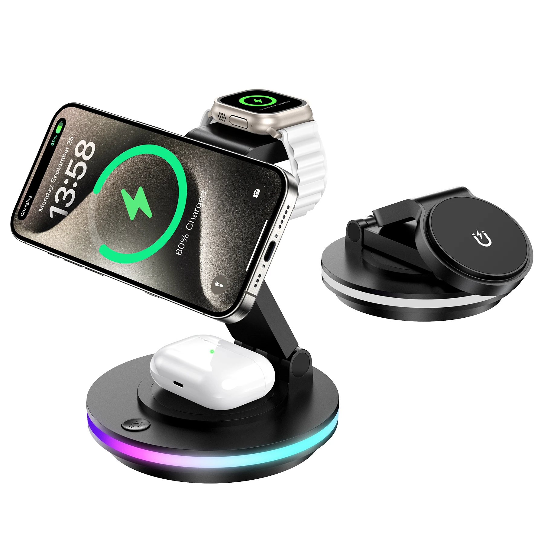 3 in 1 Mag-Safe Charger Stand, Magnetic Foldable Wireless Charging Station for Apple, Rotating & Light Adjust, Mag Charger Compa