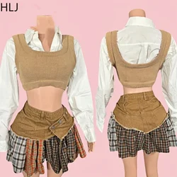 HLJ&GG Fashion Y2K Plaid Patchwork Irregular Mini Skirts Two Piece Sets For Women Knit Vest + Long Sleeve Shirt + Skirts Outfits