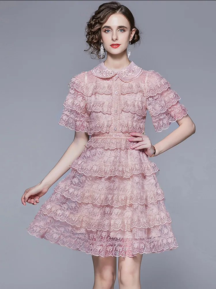 

New Fashion Beaded Women's A-Line Dresses Summer Designer Runway Vintage Embroidery Ruffle Mesh Lace Cake Holiday Dress