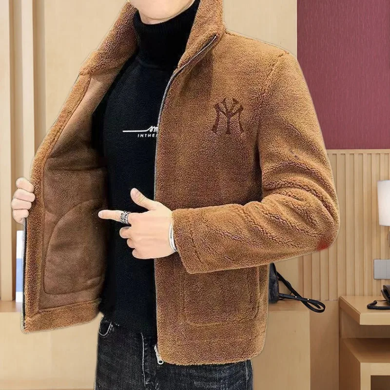 Chaqueta de lana de cordero de imitación para hombre, chaqueta de lana gruesa con cuello, abrigo superior, moda Otoño/Invierno, novedad de 2024