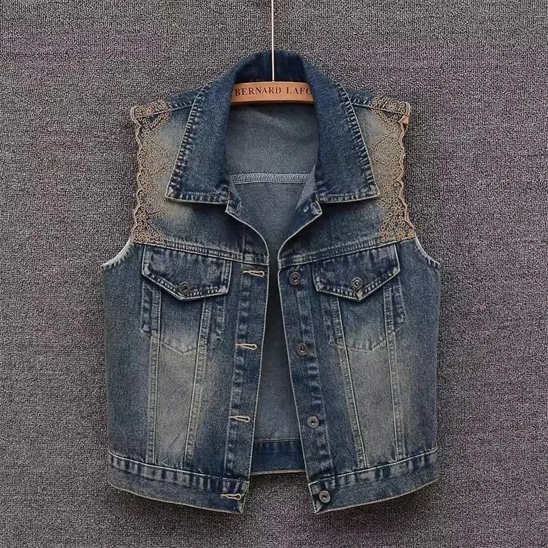 

New Spring Summer Vintage Embroidery Denim Vest Women Casual Waistcoat Short Sleeveless Jacket Jeans Vests Female Tops Outerwear