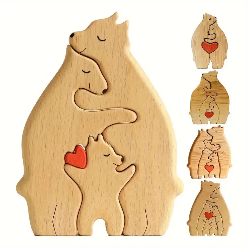 Family DIY Name Wooden Bear Figurines Ornaments Blank Wood Carving Bear Puzzle Christmas Birthday Gift Home Decor Action Figure