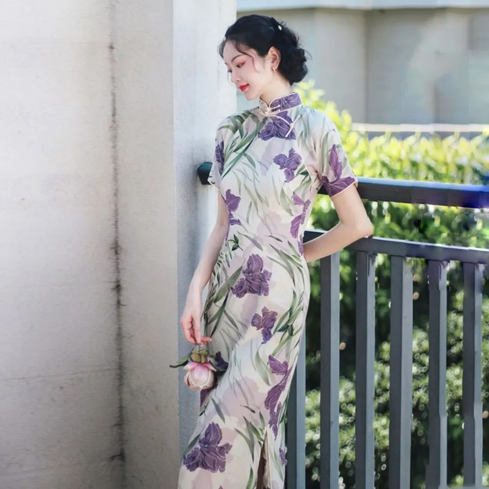 Vintage Floral Cheongsam Dress - Iris Pattern Long Sleeve, Elegant Traditional Chinese Outfit for Women Modernized Design