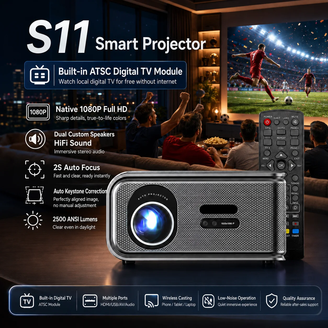 

Smart Projector 4K Full HD 1920*1080P 2500ANSI LM HDR10+ Google Play Wifi6 HiFi Speaker For Movies Home Teather ATSC Digital TV