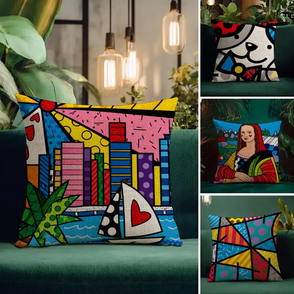 Artist Britto Pop Art Colorful Geometric Cushion Cover Natural Linen Pillowcase Set Cushion Cover for Sofa Bedroom Chair