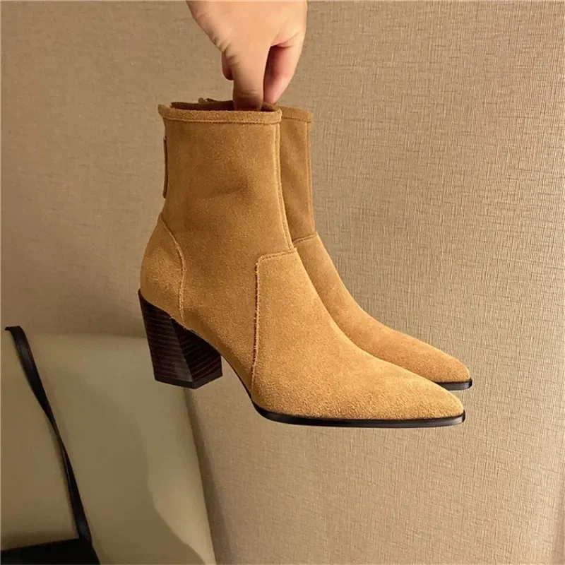 Spring/Autumn Women Boots Pointed Toe Chunky Heel Suede Leather Women Shoes Heel Height(5cm-8cm)Retro Solid Short Boots Ladies