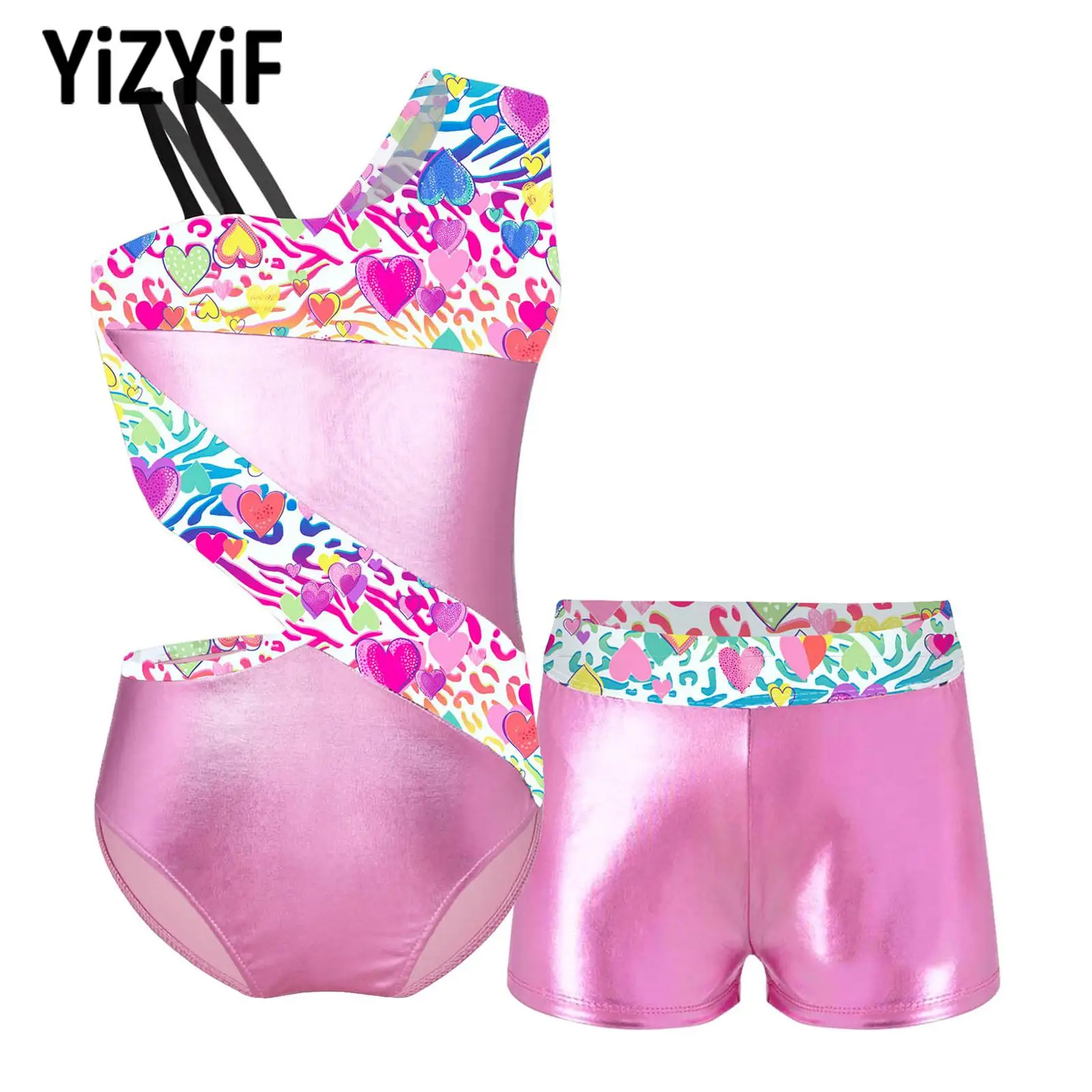 Kids Girls Gymnastics Dance Bodysuit Costumes Fashion Dance Outfits Sleeveless Printed Sports Dance Leotard Bodysuit with Shorts