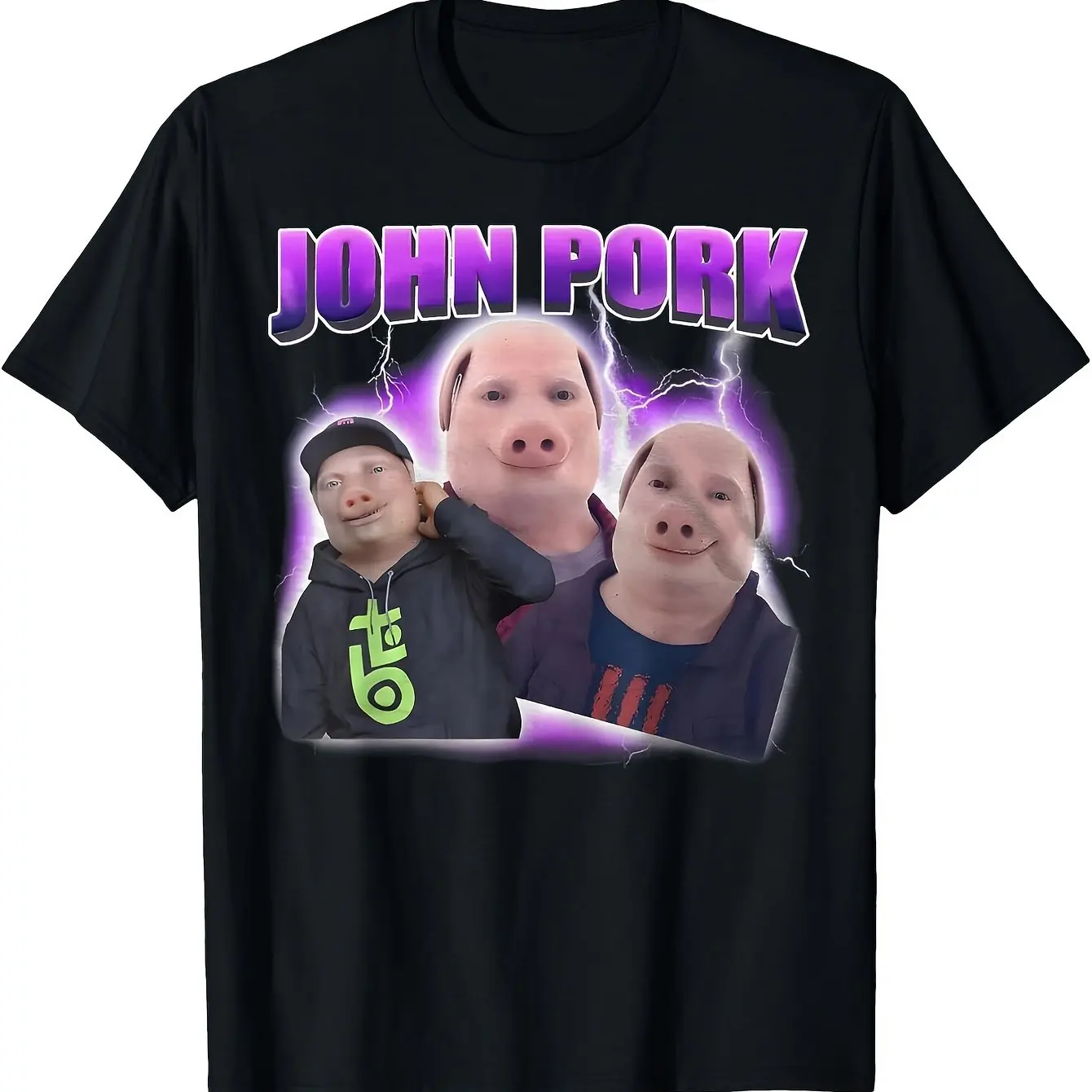 Men's John Pig Meme Print T-Shirt - Fun internet meme print  featuring John Pig and pork chop design. Pure couple streetwear