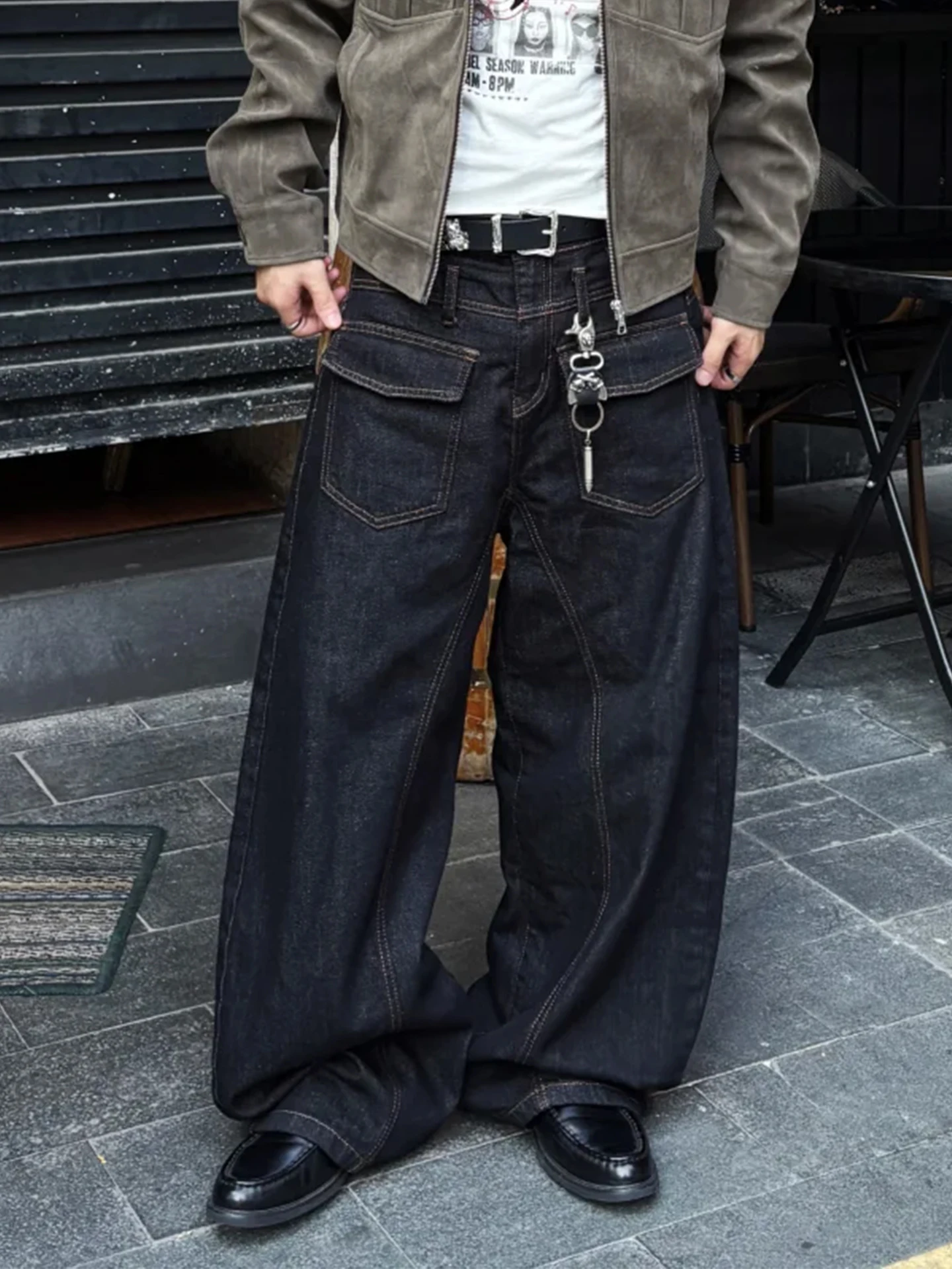 

Men's Knife ape Denim Jeans with Multiple kets Anti-Wear Wide Leg American Street Sle Design Bla Casual Trousers