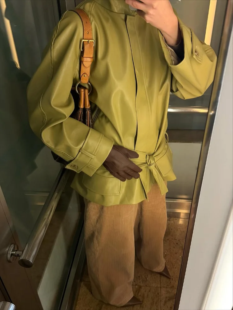 

Women Fashion Lace Up Short Leather Jacket Solid Stand Collar Waist Cinching Full Sleeve Jackets 2025 Lady High Street Wear