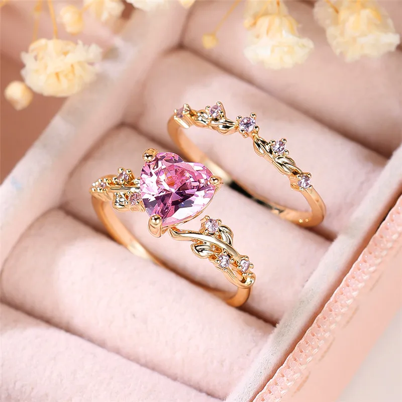 Luxury Female Crystal Pink Zircon Stone Heart Engagement Ring Set Cute Yellow Gold Color Wedding Jewelry For Women