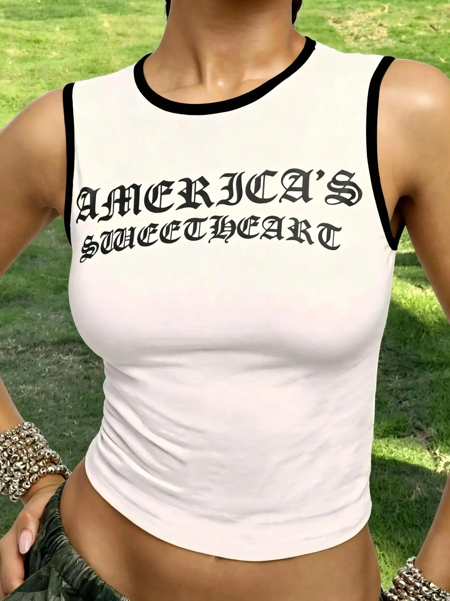 Women's streetwear spicy girl American retro style sweetheart letter sleeveless short vest, summer hot item