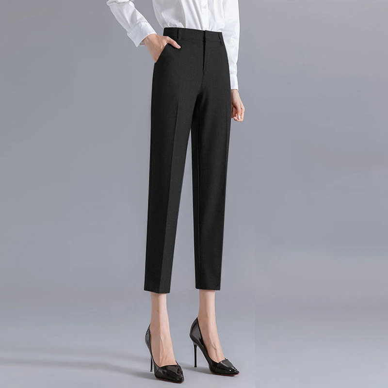 Fashion Office Lady Summer Women Pants Solid Pocket Zipper Temperament Casual High Waist Slim Straight Ankle Length Suit Trouser