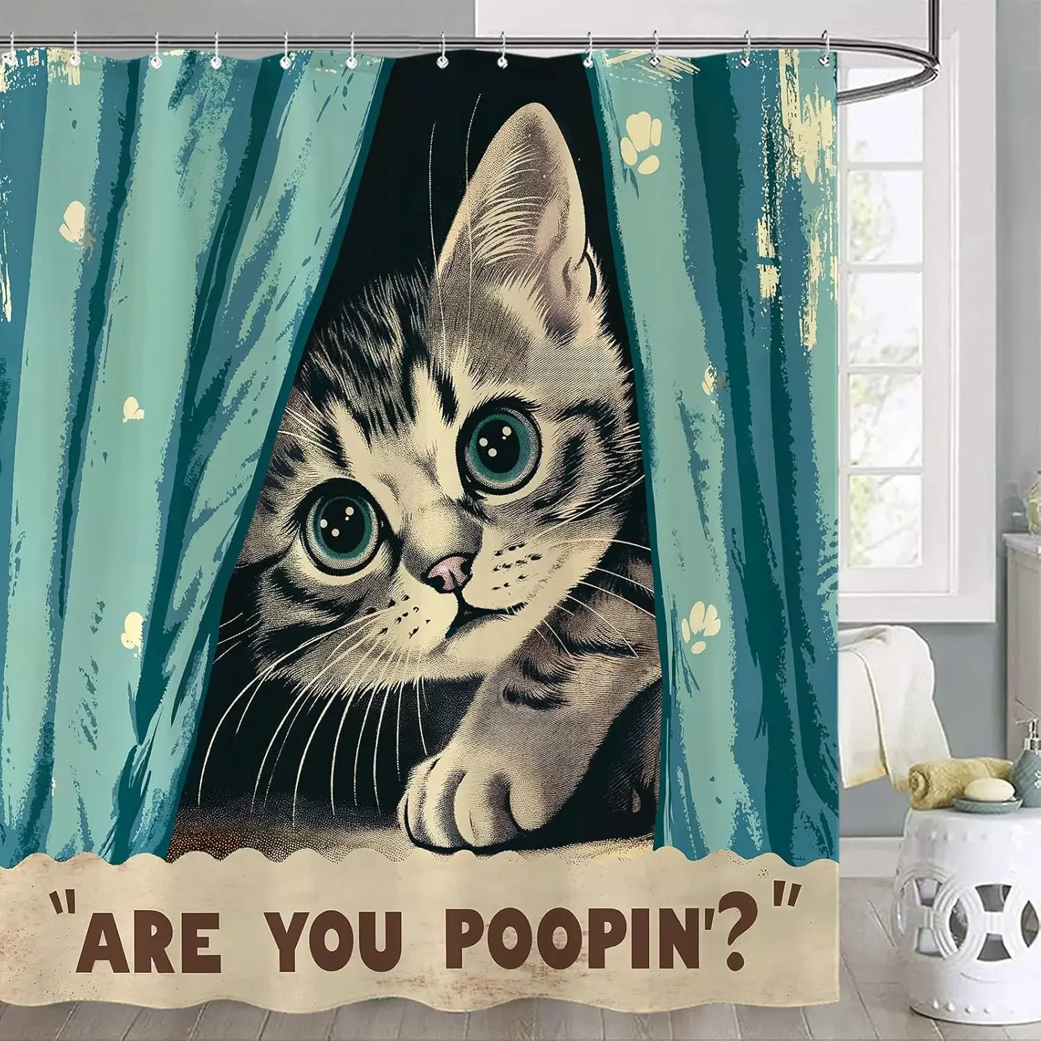 Funny Cat Shower Curtain Are You Poopin' Curious Cat Whimsical Joke Humor Themed Shower Curtain Set with Hook for Bathroom Decor