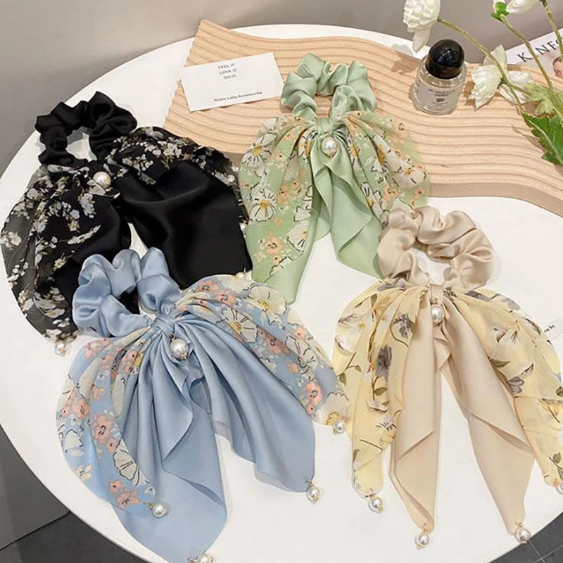 New Fashion Women Bow Hair Rope Chiffon Floral Print Sweet Elastic Hair Band Headwear Ponytail Holder Gum For Hair Ties