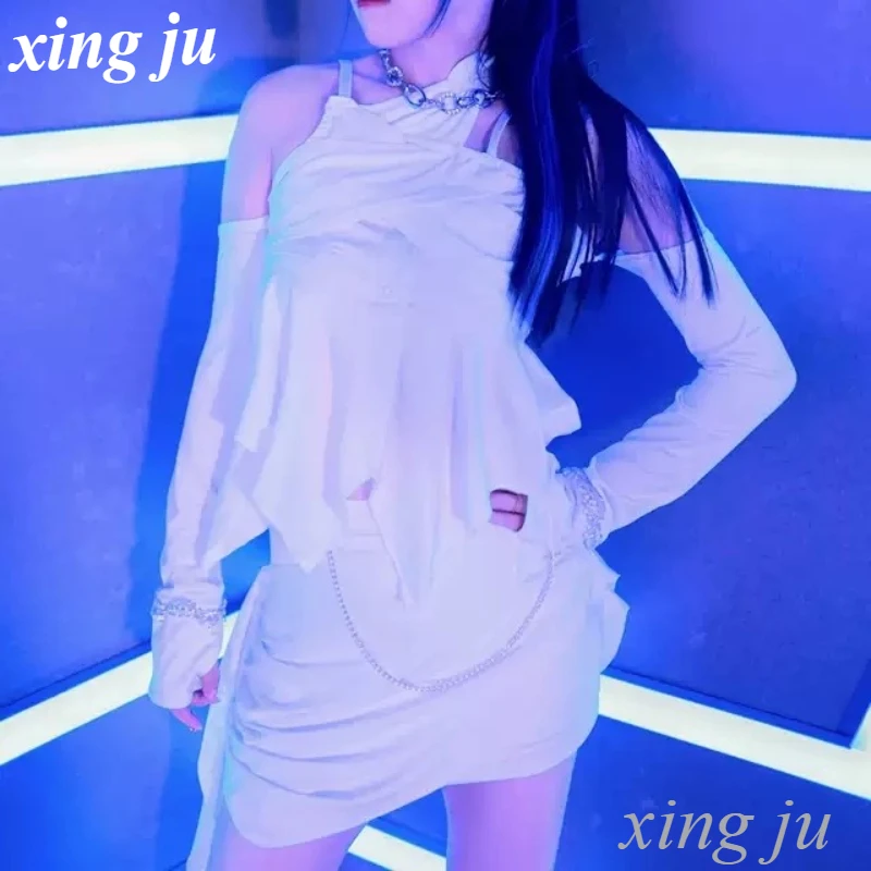 ใหม่Kpopผู้หญิงเกาหลีกลุ่มแจ๊สDancewearสีขาวสลิงCrop Topเลดี้เซ็กซี่เต้นรํากระโปรงไนท์คลับDJชุดหญิงเครื่องแต่งกายเวที