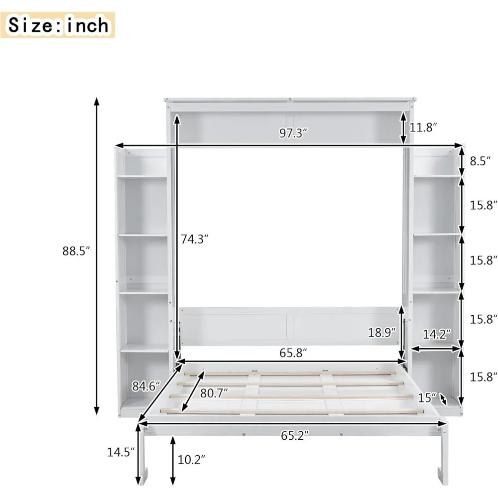 Queen Size Murphy Bed, Queen Wall Bed Frame with Shelves and LED Lights, White