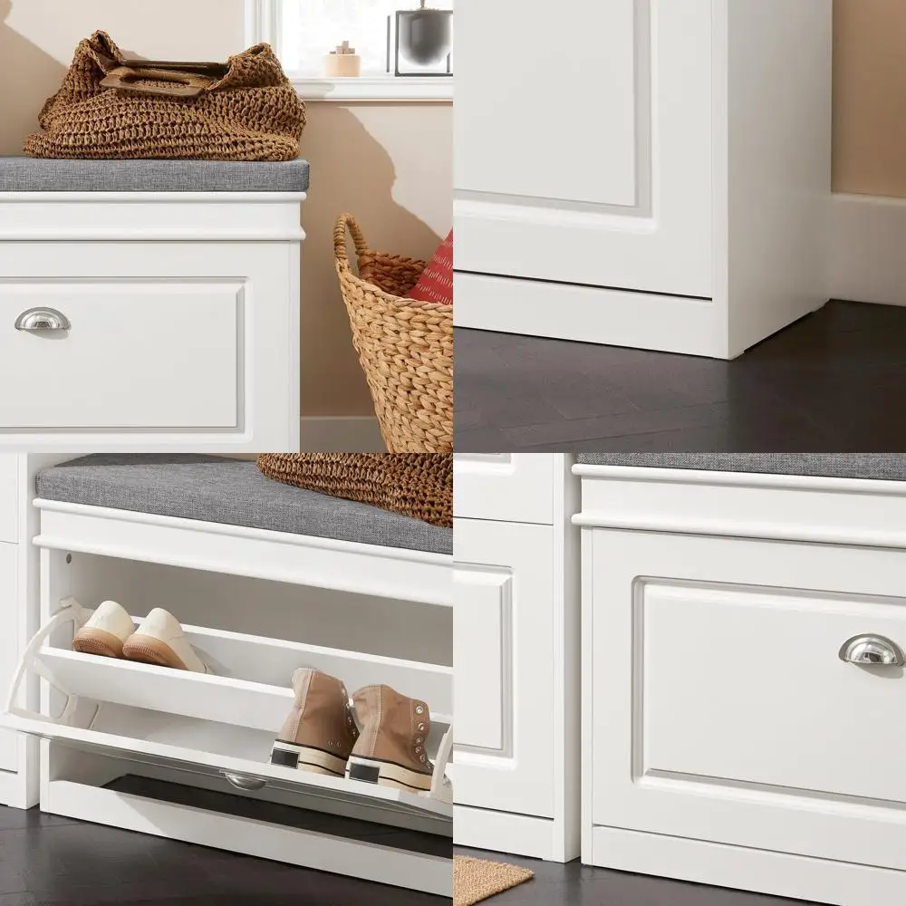 

Белая откидная скамья для хранения обуви с подушкой, компактная двухъярусная стойка для прихожей, грязевой комнаты или прихожей