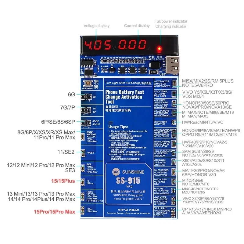 SUNSHINE SS-915 V9 Fast Charging Battery Activation Board Suitable for iPhone Android Repair Battery Test Activation Board Tool