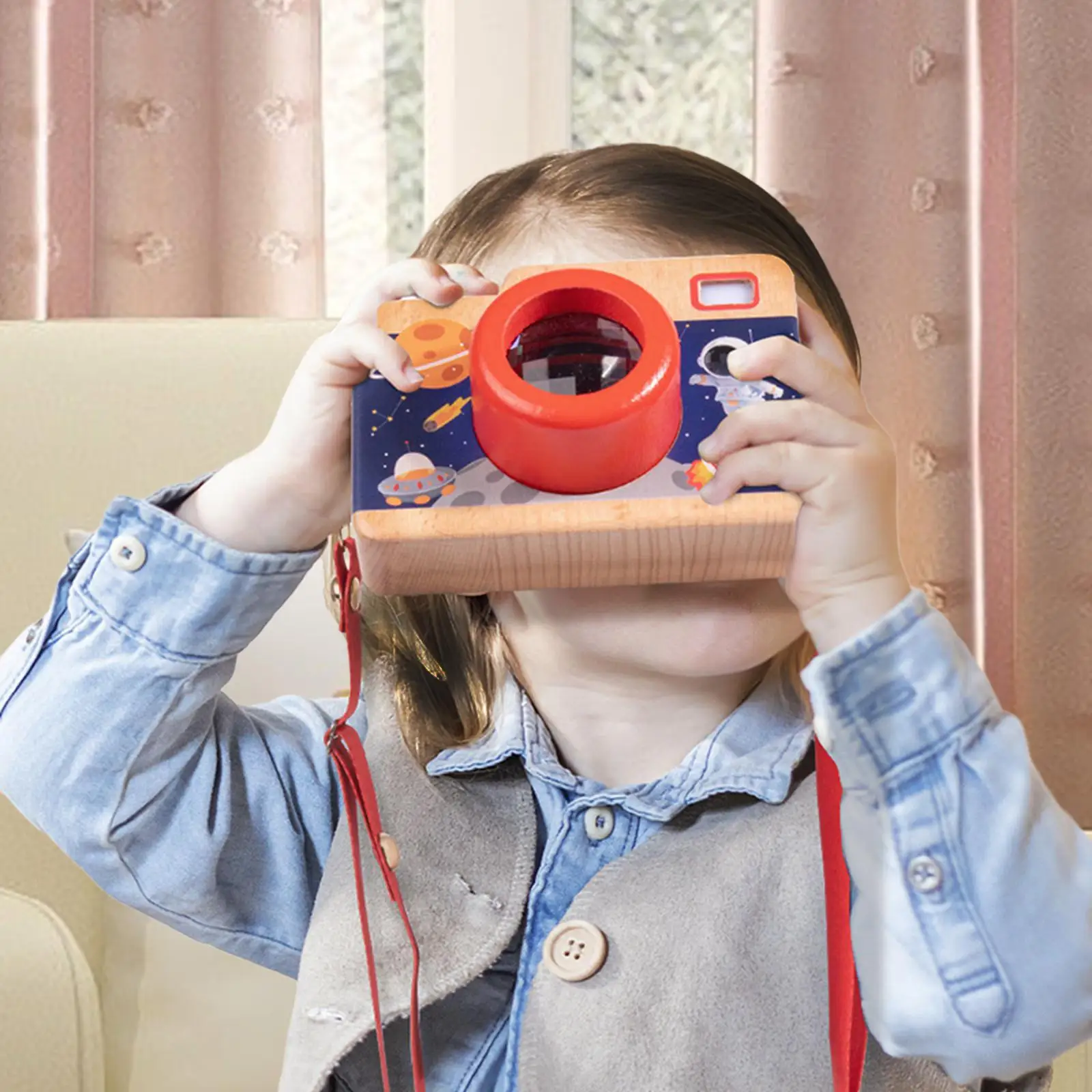 Caméra de simulation en bois réglable pour enfants, lanière de cou unique, jouet de jeu de simulation fait à la main pour garçons et filles d'âge alth, anniversaire d'enfant