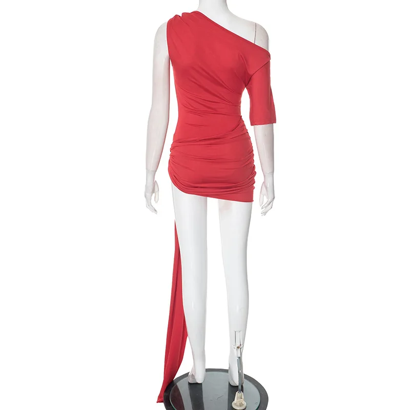 فستان قصير غير متماثل بكتف واحد مكشكش ثنيات فساتين حمراء مثيرة لملابس نادي حفلات أعياد الميلاد النسائية #4