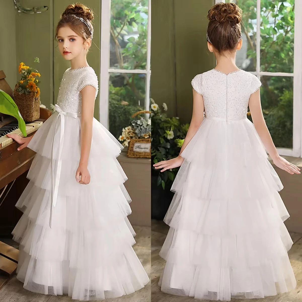 Elegant White Cake Flower Girls Dresses Layered Tulle Fluffy Princess Gown Wedding Sweet Birthday Party Piano Performance
