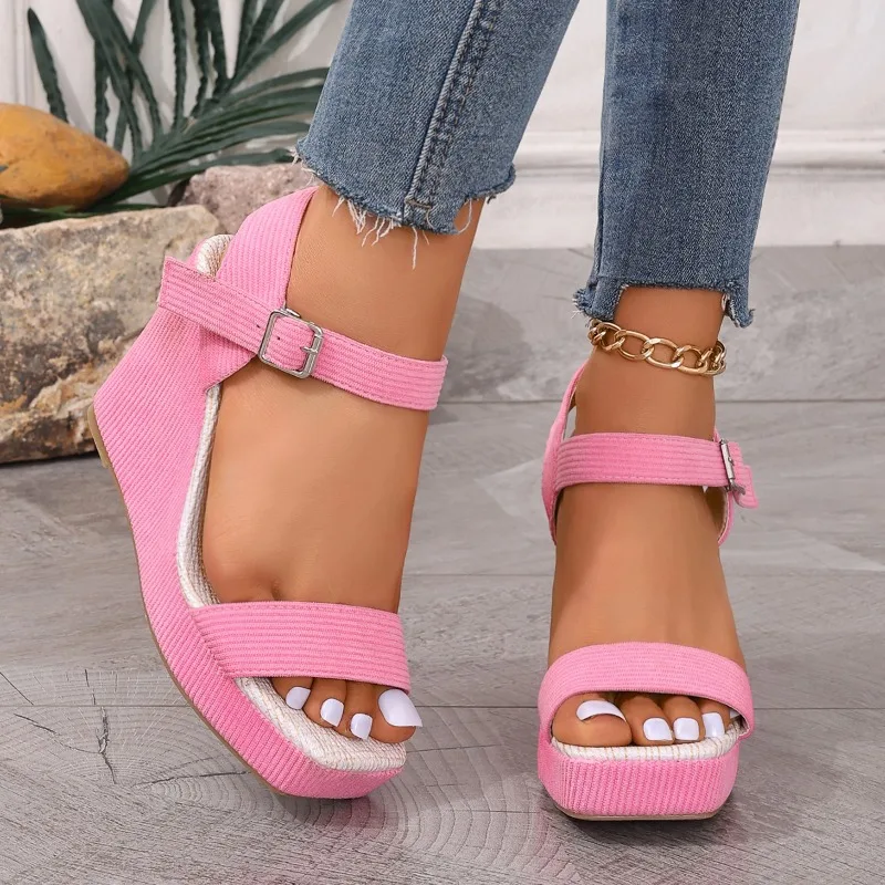 Women\'s summer new thick soled women\'s shoes round toe shallow mouth open toe sandals waterproof wedge heels comfortable sandals