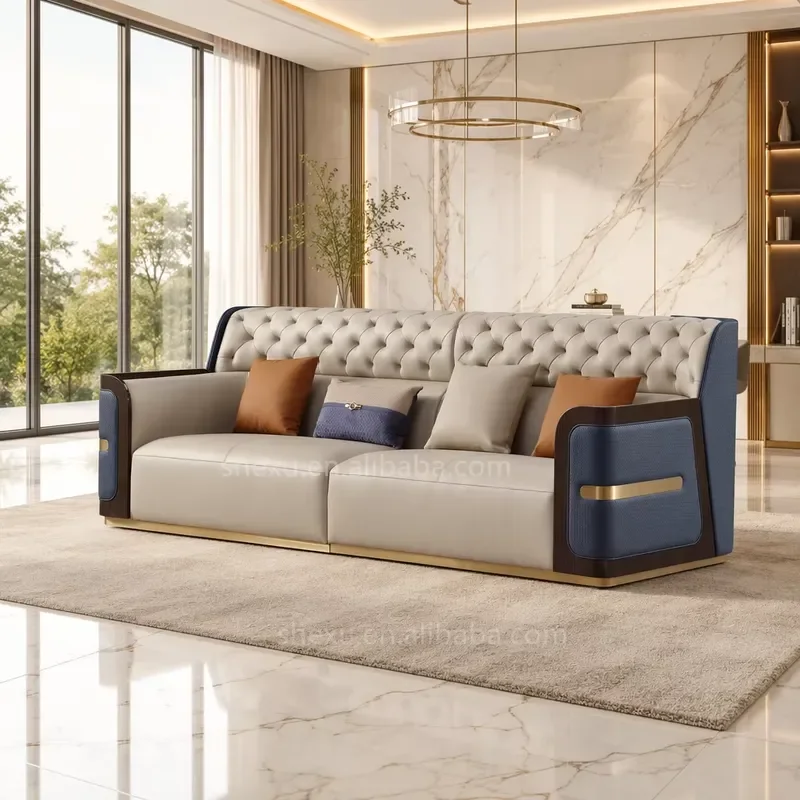 Modern luxury leather sofa bed for 2, 3, and 4-seater living rooms, furniture, hotel sponge sofa set