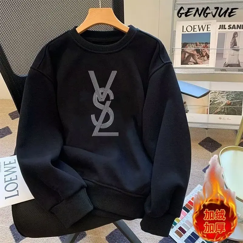 

2025 New Men's Heavyweight Cotton Fleece Sweatshirt Korean Style Oversized Round Neck Pullover Warm Plush Lined for Autumn