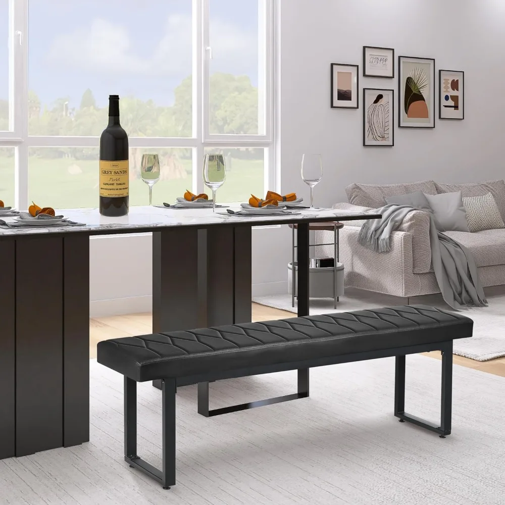 Black Faux Leather Bench Set of 2, 58 Inch Padded Seats for Living Room Entryway